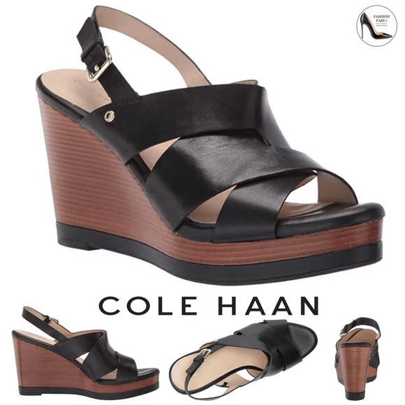 Cole Haan Womens Laci Black Platform Wedge Sandals Leather Slingback Heels 9.5 - Picture 3 of 13